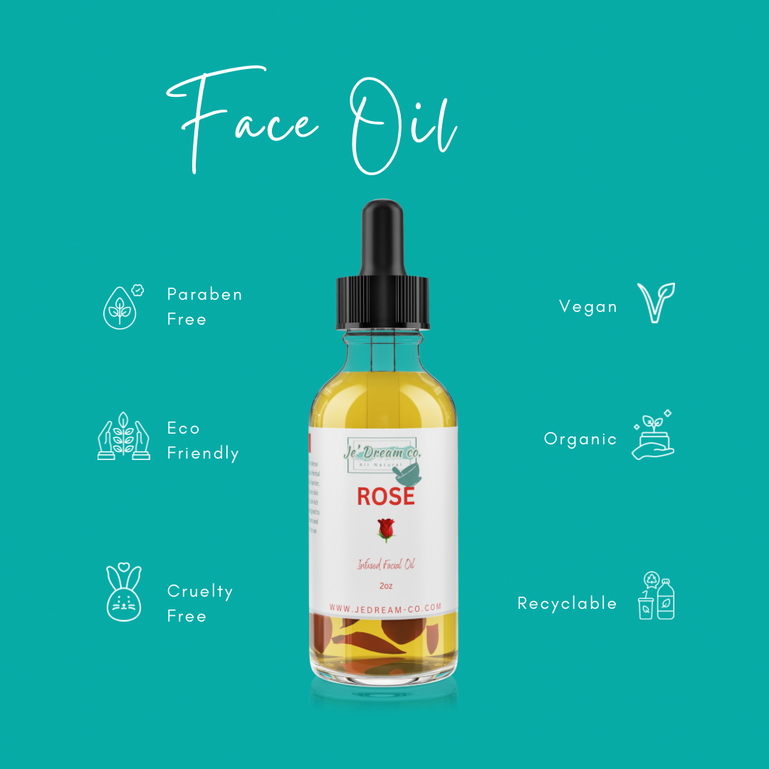 Front packet, our infused rose herb face oil 