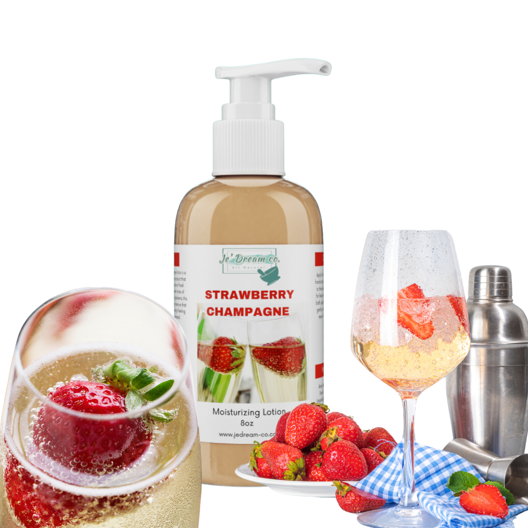 Strawberry Champagne organic lotion with strawberries and champagne in the background 
