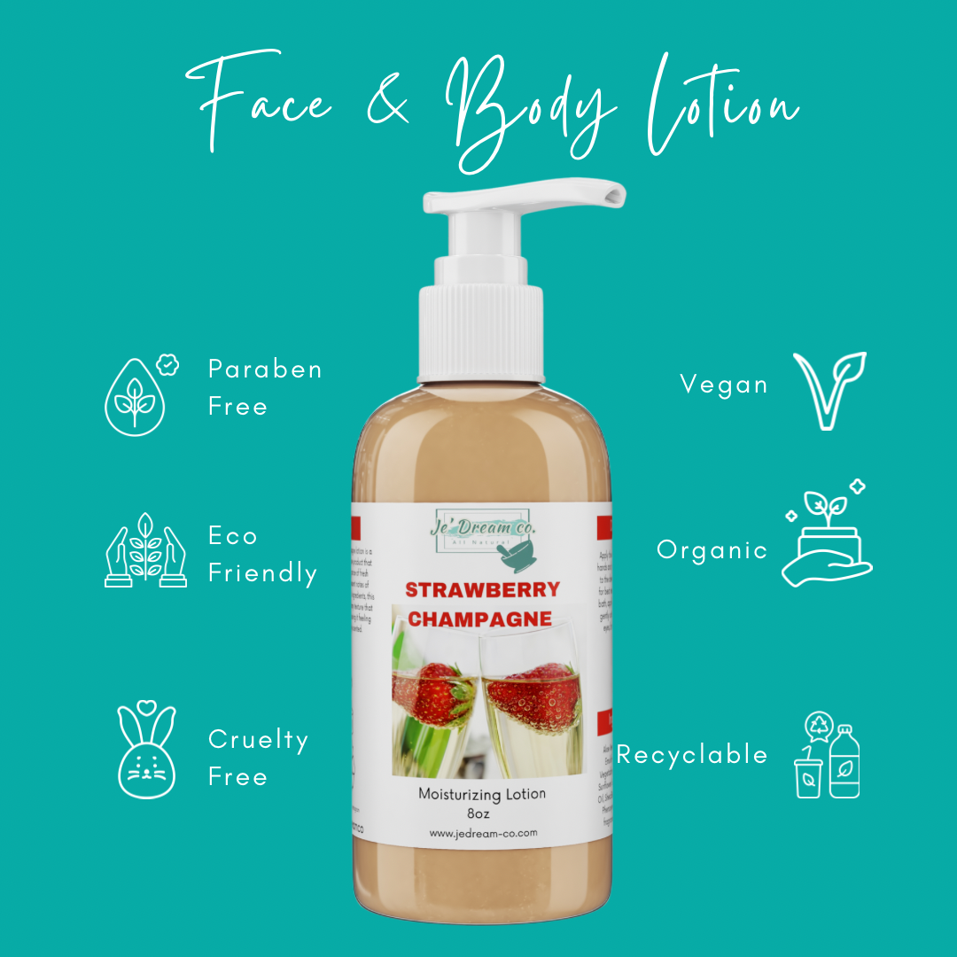 Front packet, strawberry champagne face and body lotion 8 ounce bottle 
