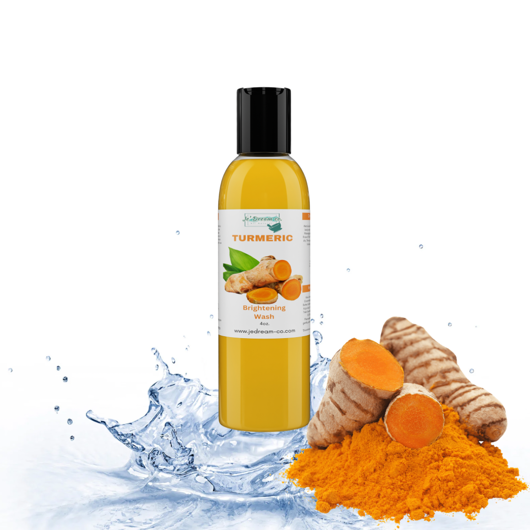 Front packet of my turmeric brightening body wash with water and turmeric and powder in background 