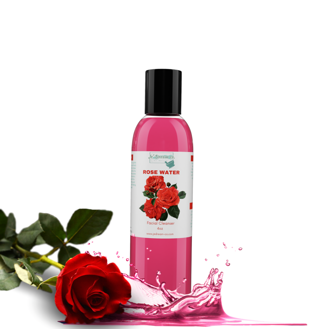 Rose water face cleanser with a rose and water in background 