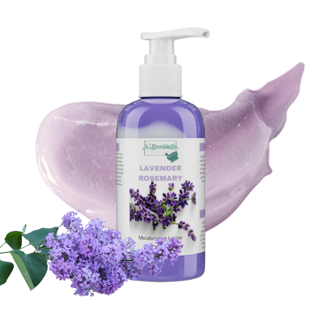 Lavender Rosemary organic lotion with lotion texture in background and a lavender leaf 