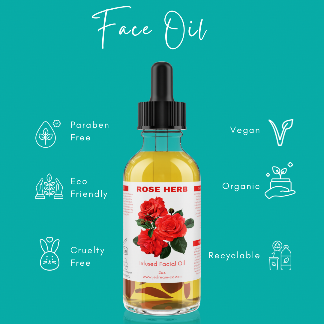 Infused Rose Herb Face oil 2 ounce bottle , front packet