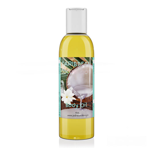 Front packet, Caribbean CocoBloom body oil 4 ounce bottle 