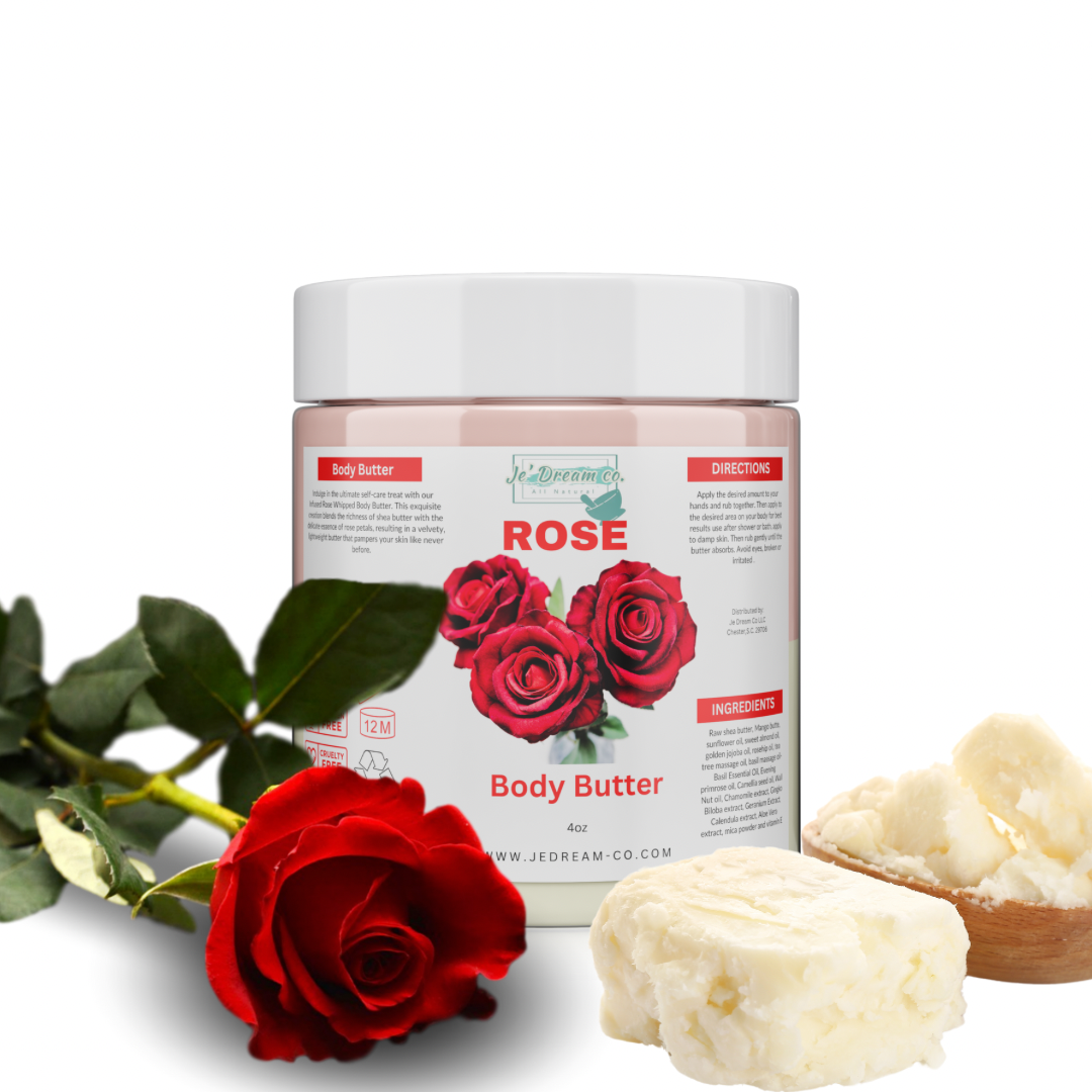 Front packet of my rose body butter with a rose and body butter in background 