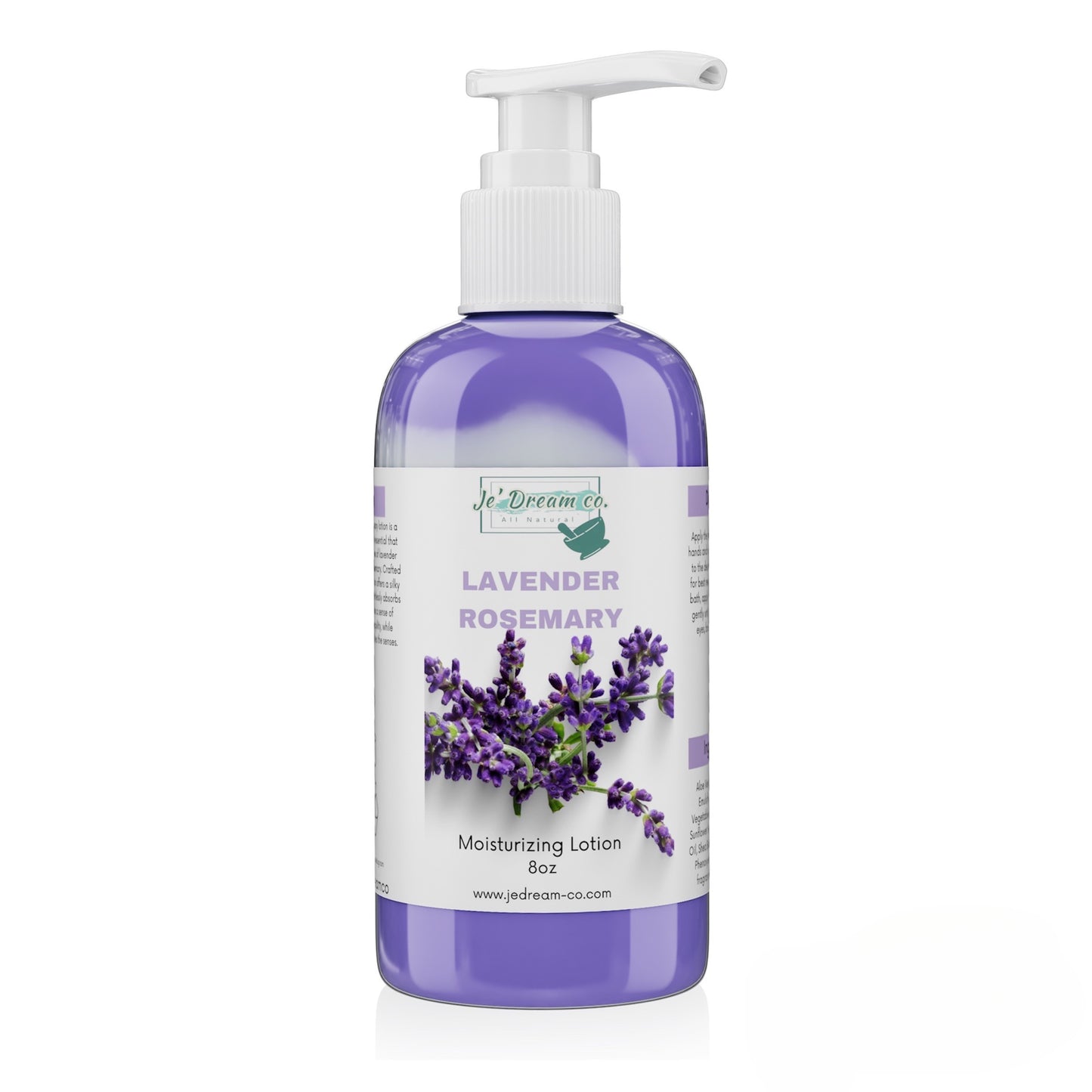Front packet, lavender rosemary organic face and body lotion 8 ounce bottle 