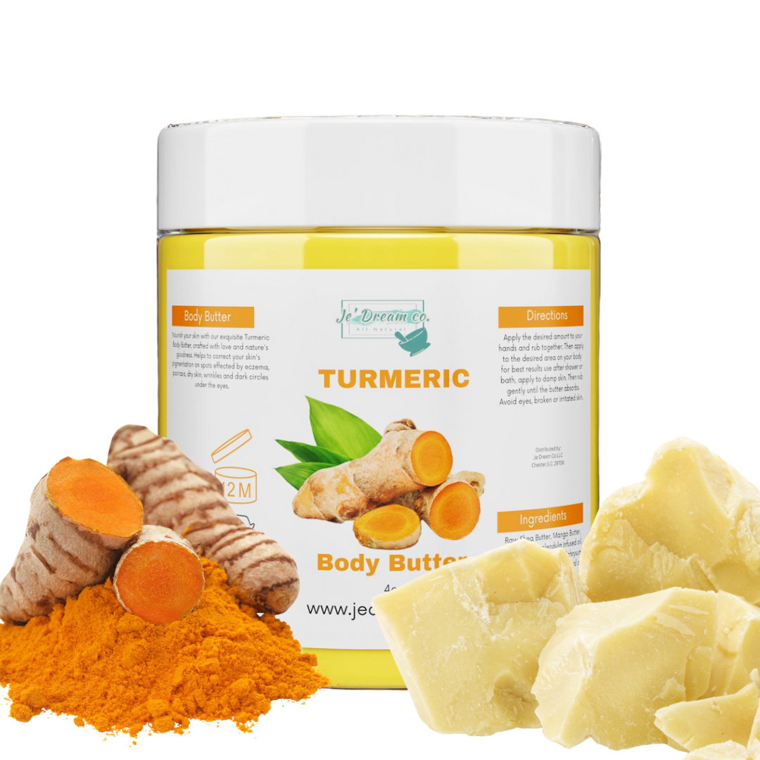 Front packet Turmeric brightening body butter with turmeric powder and Shea butter in background 