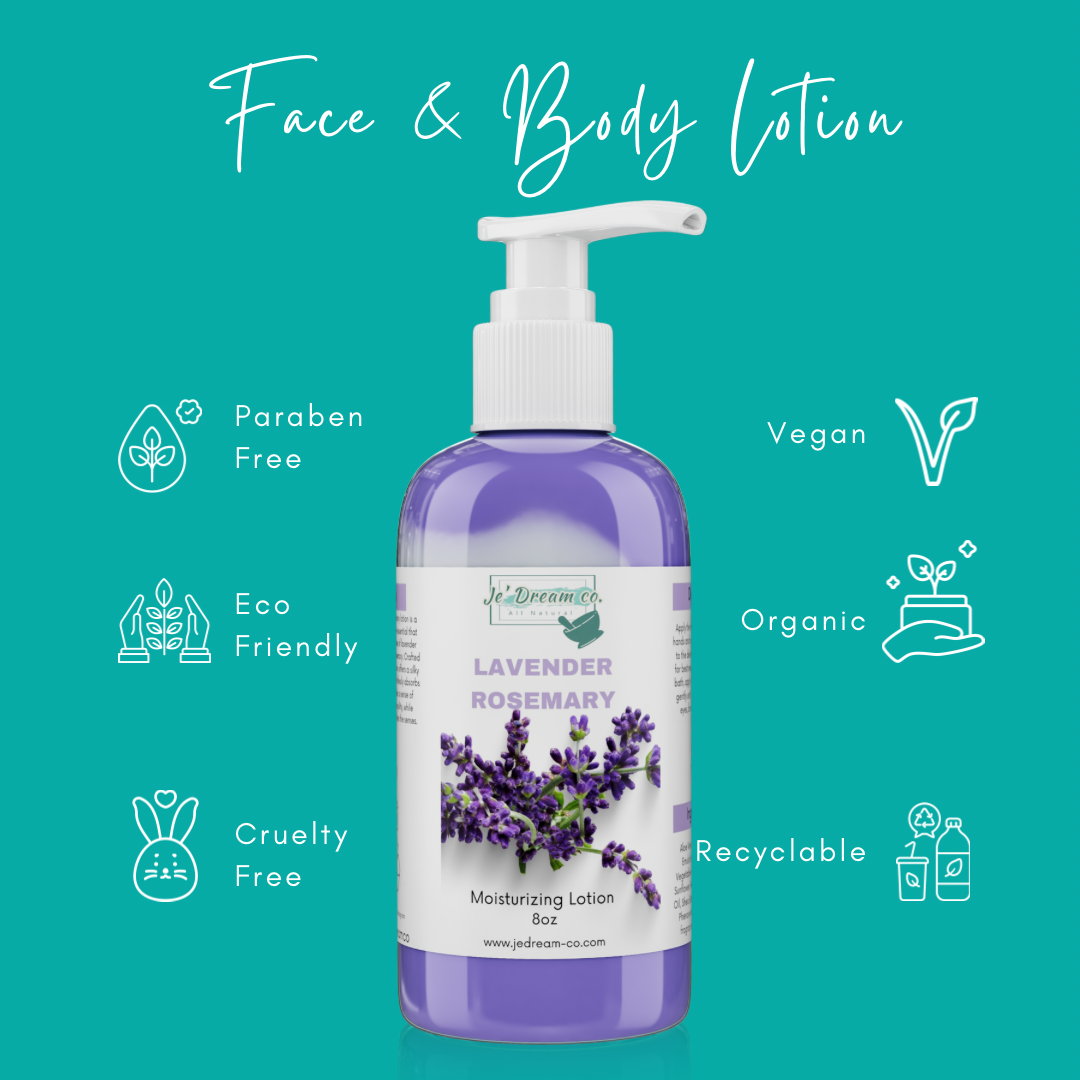 Front packet, lavender rosemary face and body lotion 8 ounce bottle 