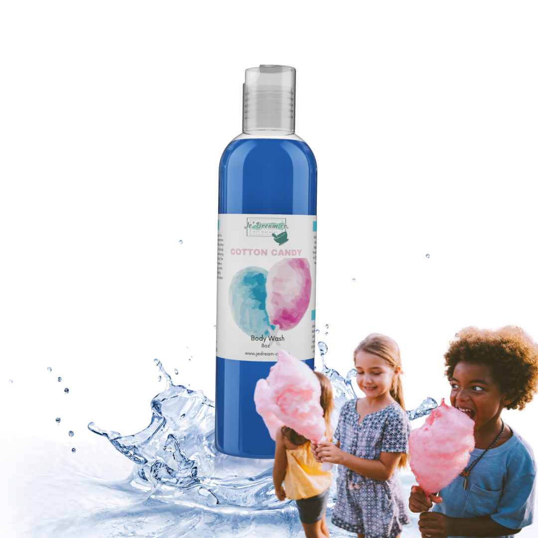 Front packet of my cotton candy body wash with a background of water and kids with cotton candy 