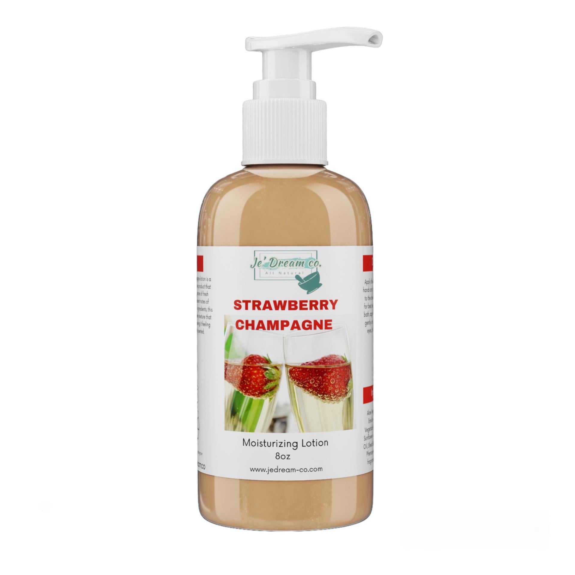 Front packet, strawberry champagne organic face and body lotion 8 ounce bottle 