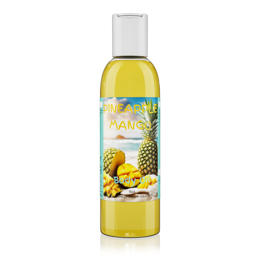 Pineapple mango body oil 4 ounce bottle , front packet 