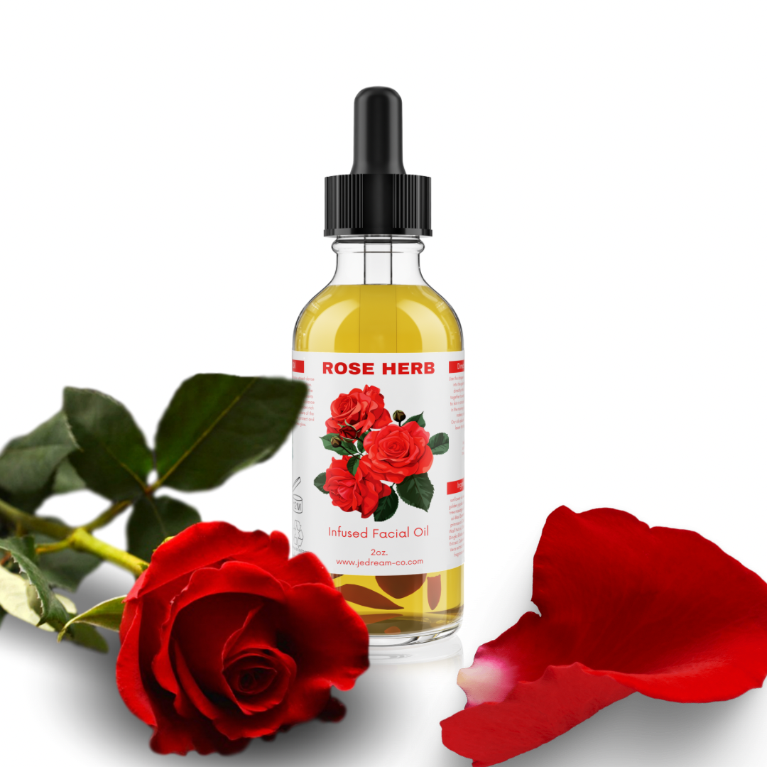 Front packet of my infused rose herb facial oil with a rose and rose petal in background 