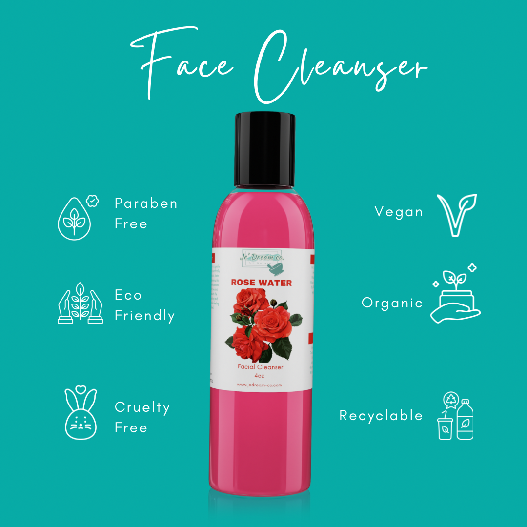 Front packet, rose water face cleanser 4 ounce bottle 