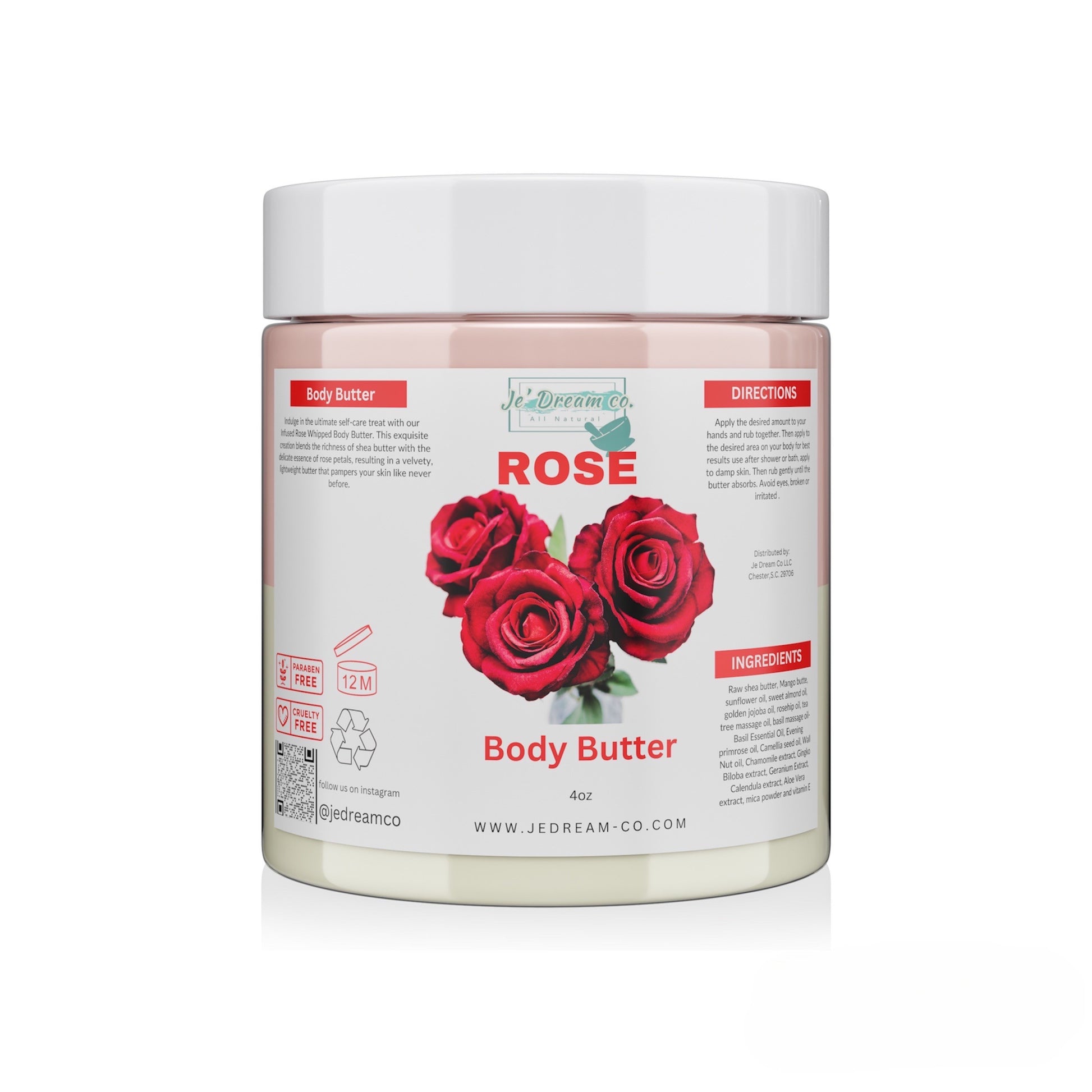 Front packet, Rose body butter 4 ounce jar 