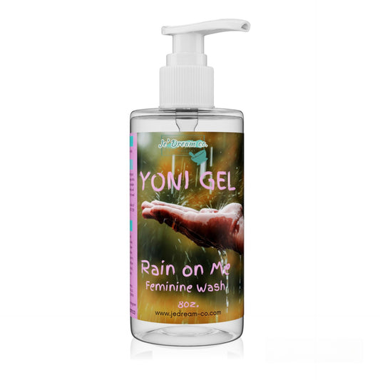 Front packet, rain on me yoni gel wash 8 ounce bottle 