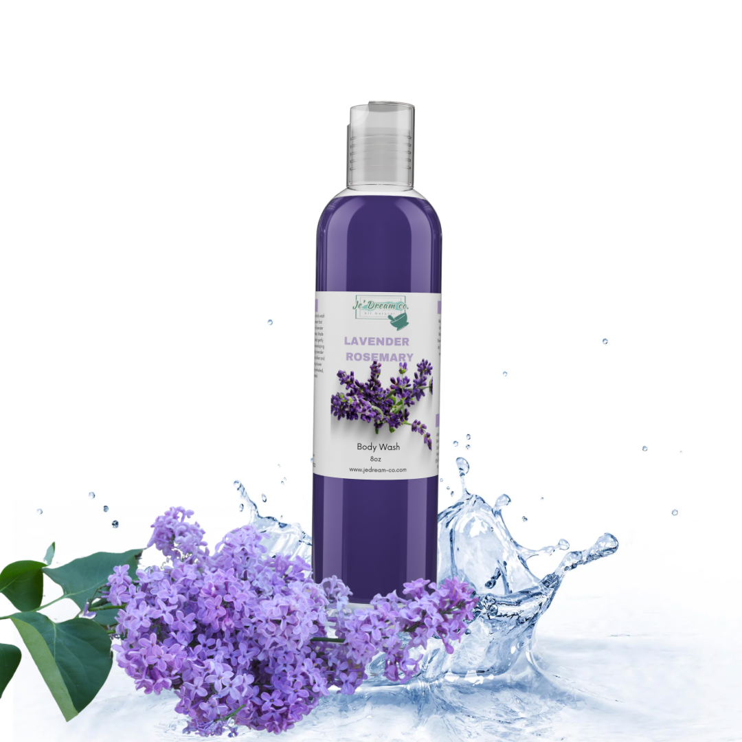 Front packet lavender rosemary body wash with water and lavender leaf in background 