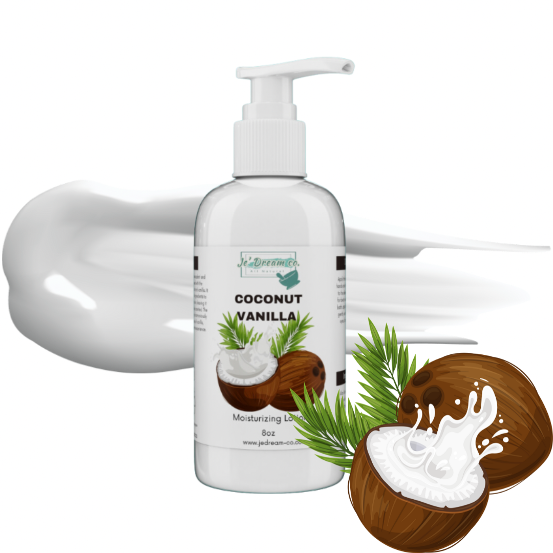 Front packet of my coconut vanilla organic lotion with lotion texture and coconut in background 