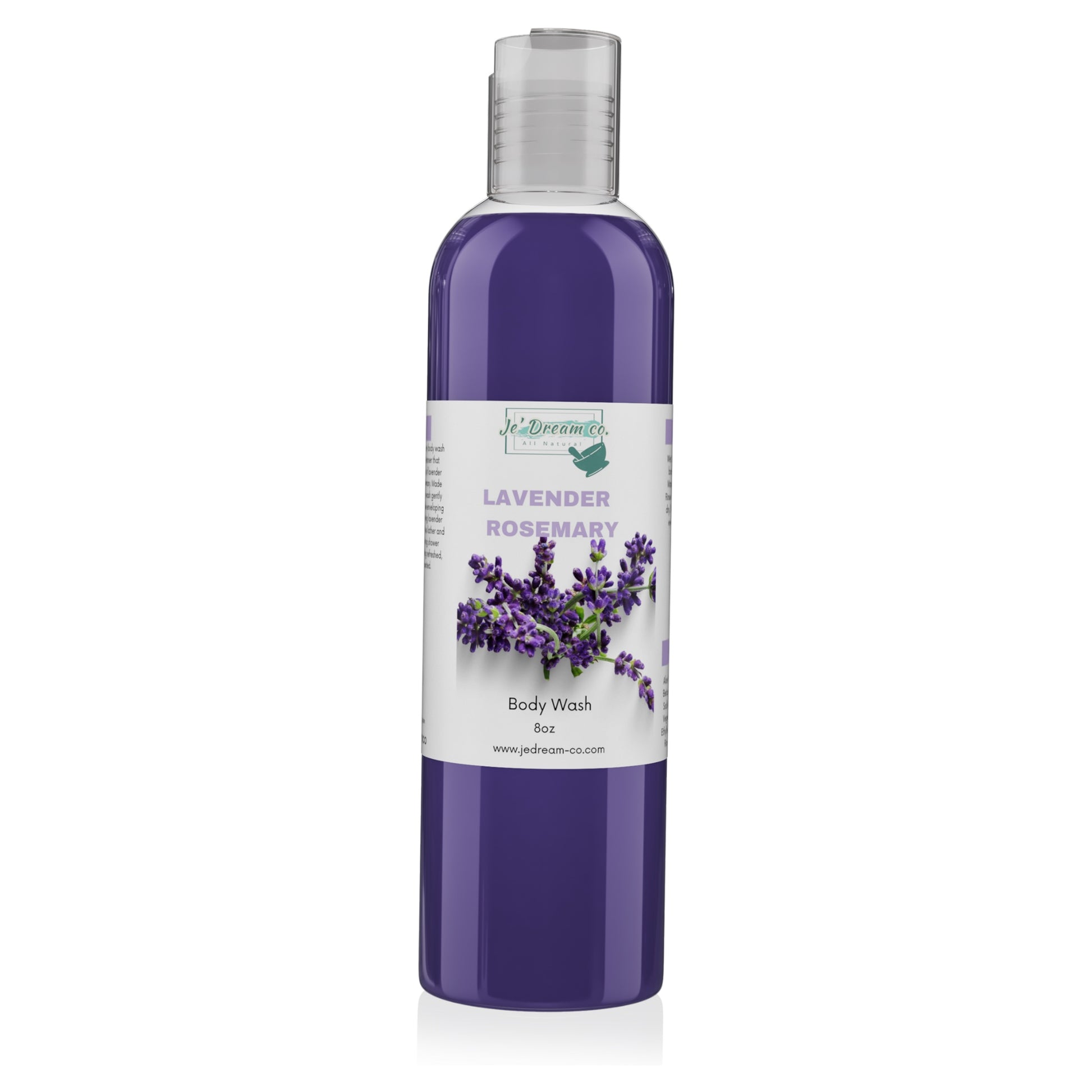 Lavender Rosemary organic face & body wash 8 ounce bottle, front packet 