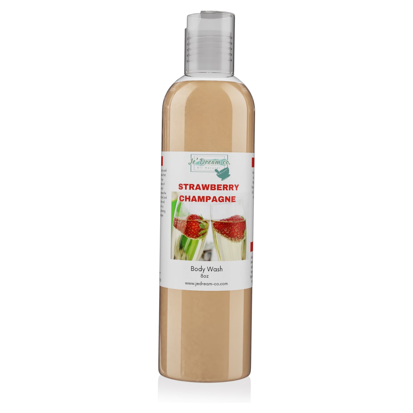 Strawberry Champagne organic Face & body wash 8 ounce bottle, front packet 