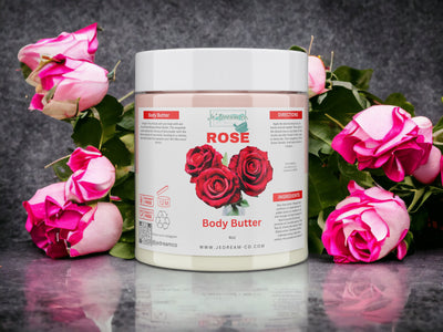 Front packet, rose body butter with roses in back ground 